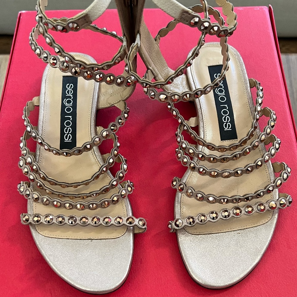 Sergio Rossi Crystal-embellished scalloped suede sandals